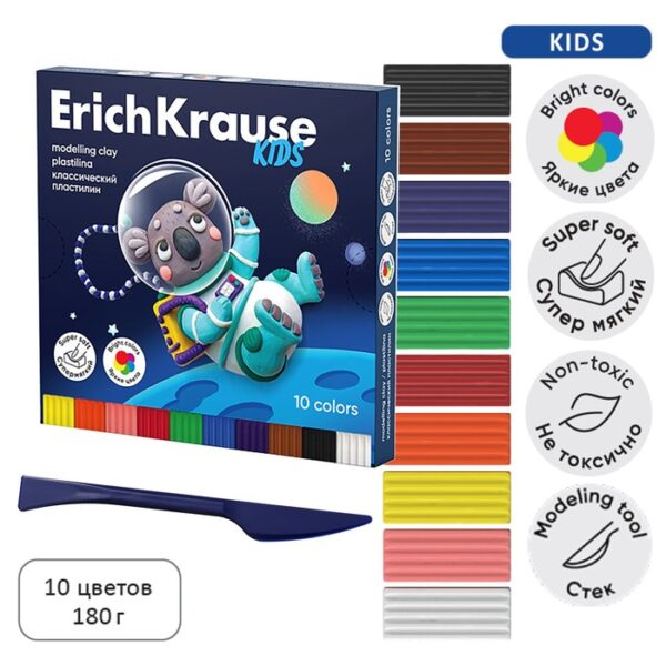 Пластилин 10 цветов, 180 г, ErichKrause "Kids Space Animals", со стеком, в картонной упаковке