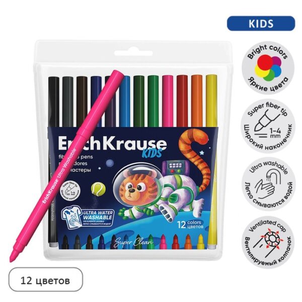 Фломастеры 12 цветов, ErichKrause, "Kids Space Animals" микс