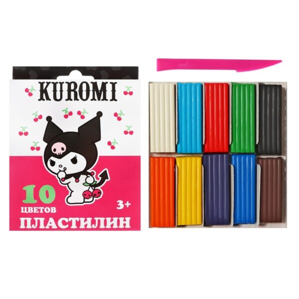 Пластилин 10 цветов 200 г Kuromi, пластиковая стека, в картонной упаковке с европодвесом